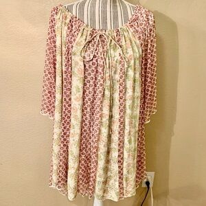 Free People Tunic Top XS Oversized Sheer Mesh Floral Panels Boho Cottagecore
